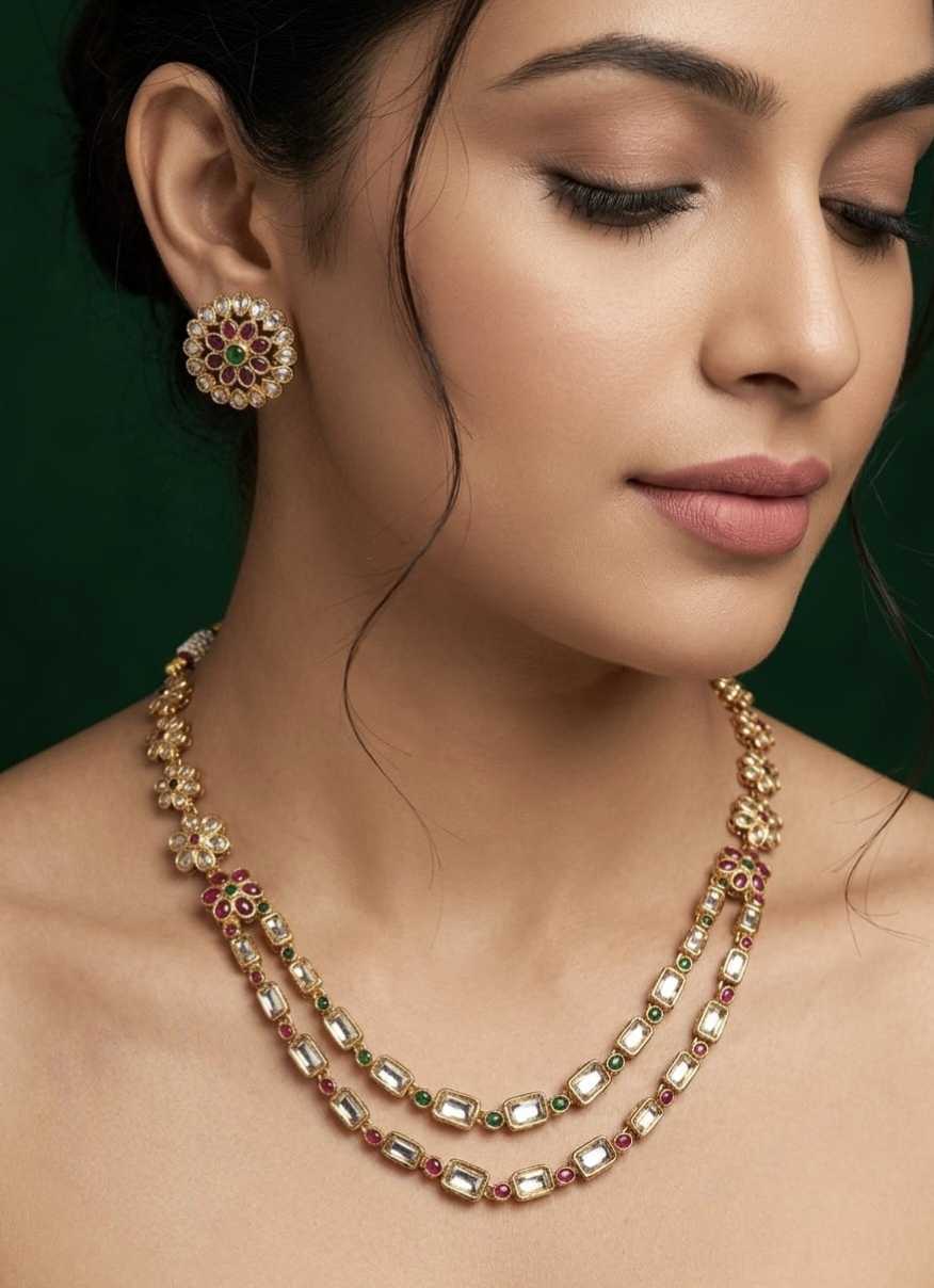 Double Layer Kundan Necklace Set in Antique Gold