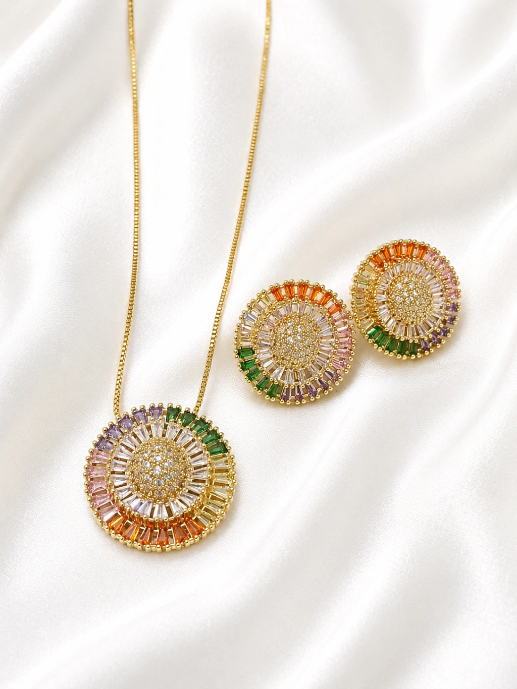 Multicolor Sunburst Spectrum Gold Finish Pendant Set with Earrings