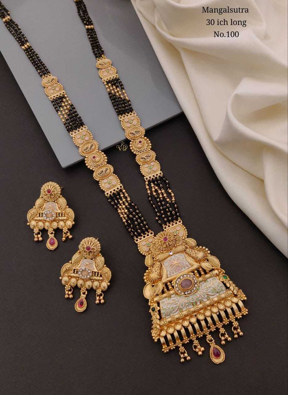 30 Inch Antique Meenakari Mangalsutra with Engraved Gold Panels