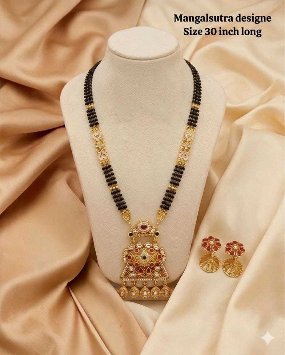 30 Inch Rajwadi Mangalsutra with Kundan Pendant and Earrings