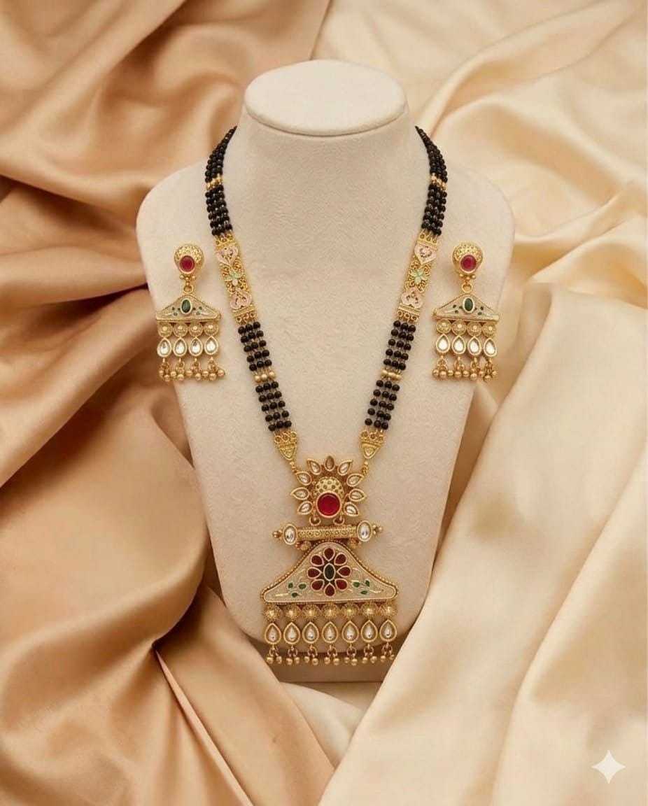 30 Inch Rajwadi Mangalsutra with Kundan Pendant and Earrings