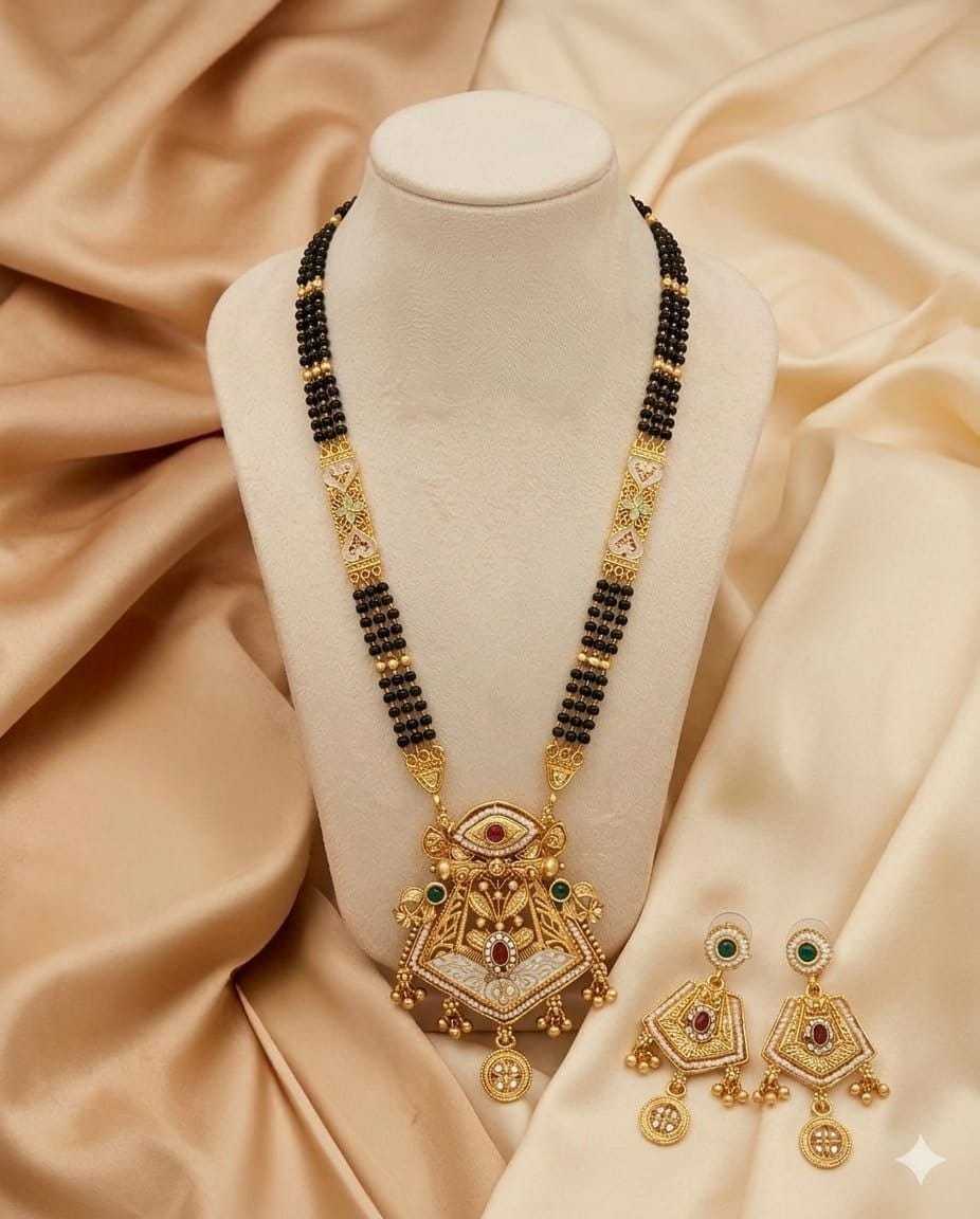30 Inch Rajwadi Mangalsutra with Kundan Pendant and Earrings