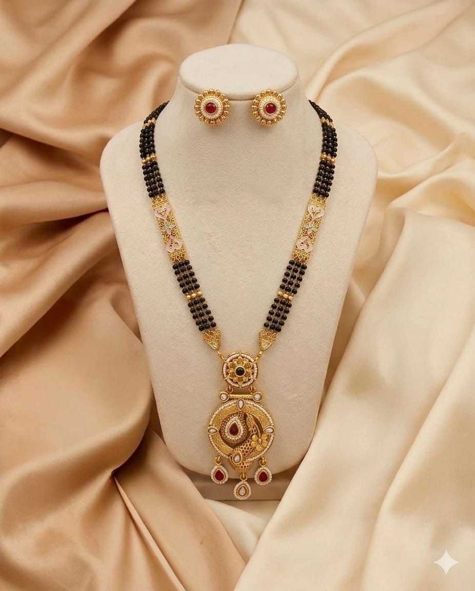 30 Inch Rajwadi Mangalsutra with Kundan Pendant and Earrings
