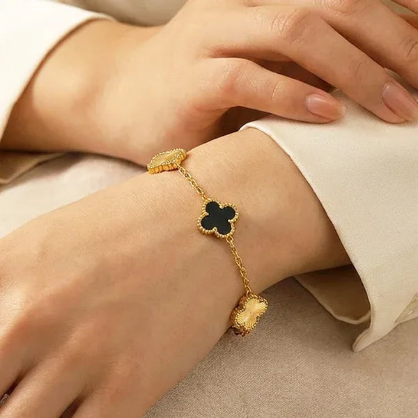 Anti-Tarnish Gold Plated Black & Gold Clover Charm Bracelet with Earrings