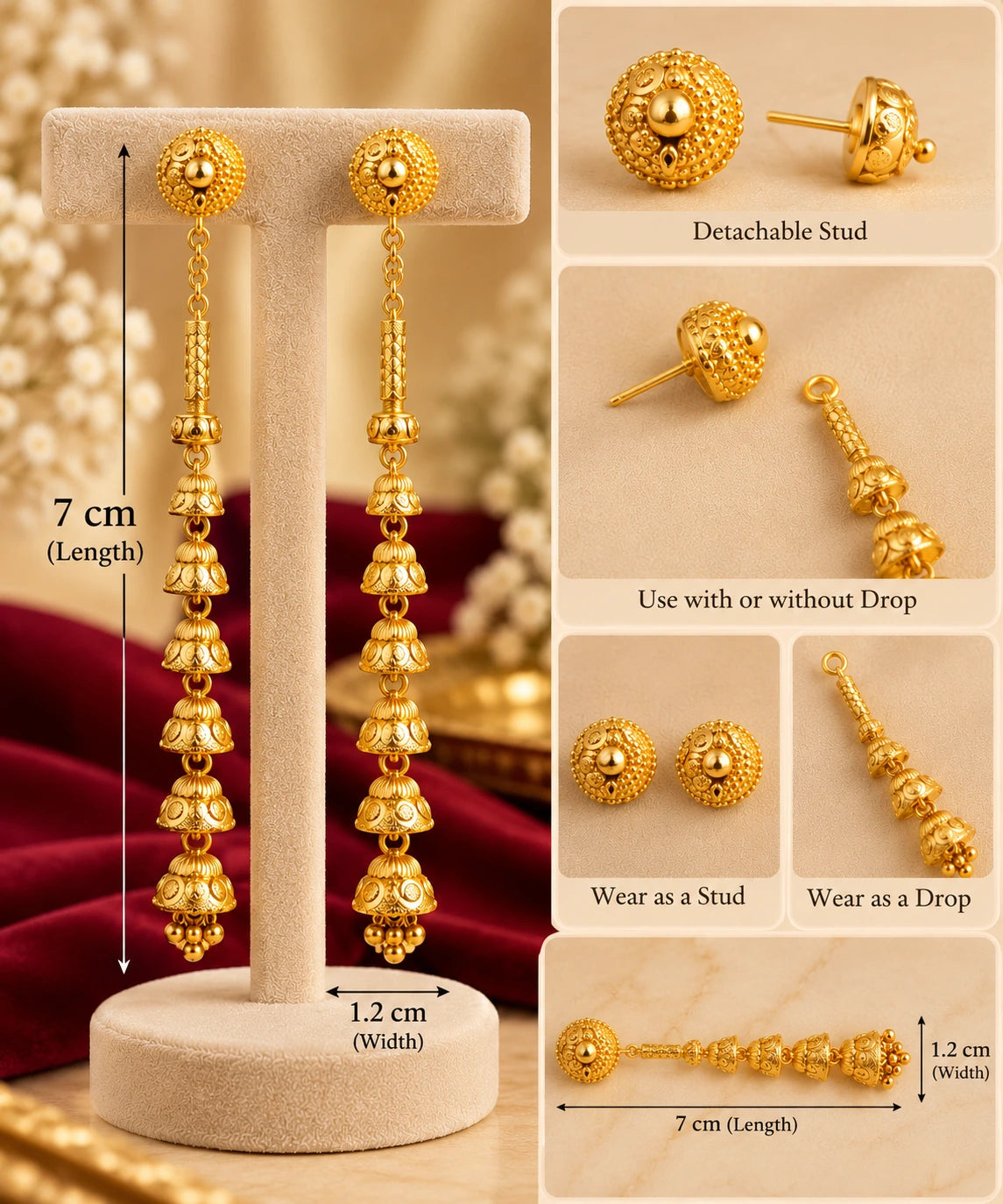One Gram Gold-Plated Detachable Long Sui Dhaga Jhumka Earrings for Women
