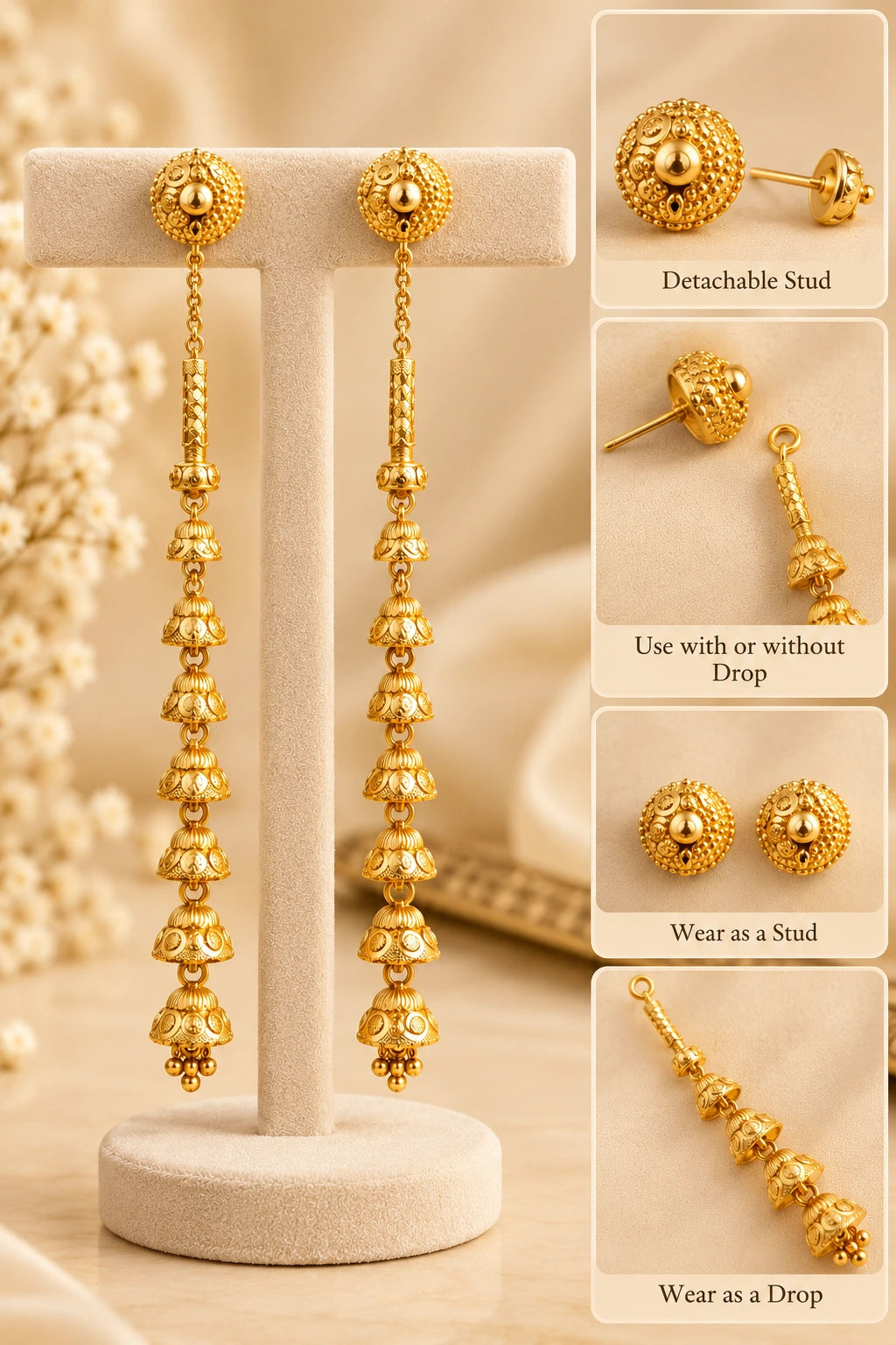 One Gram Gold-Plated Detachable Long Sui Dhaga Jhumka Earrings for Women