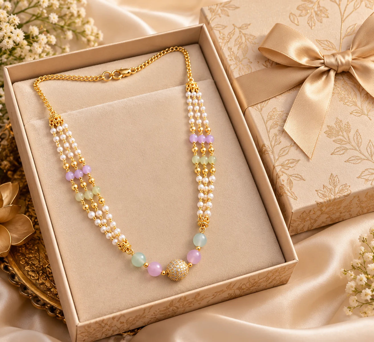 Gold Plated Triple Layered  Pastel Pearl  Beaded  Necklace Chain for Women