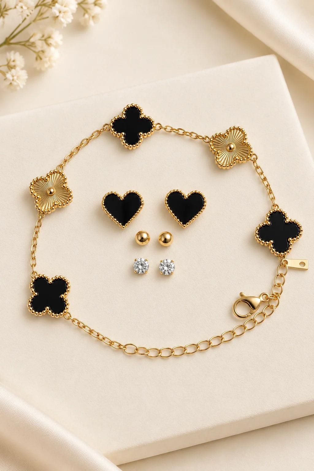 Anti-Tarnish Gold Plated Black & Gold Clover Charm Bracelet with Earrings