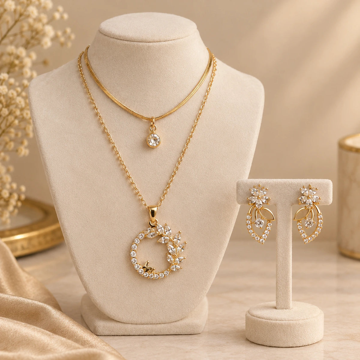Anti-Tarnish gold-plated layered necklace and matching floral-leaf drop earring
