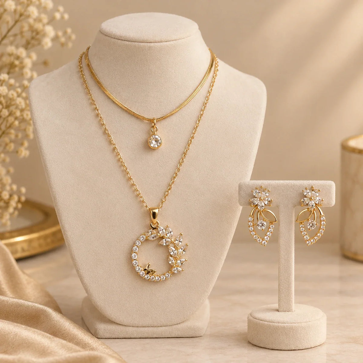 Layered necklace on a bust with the matching earrings on a stand