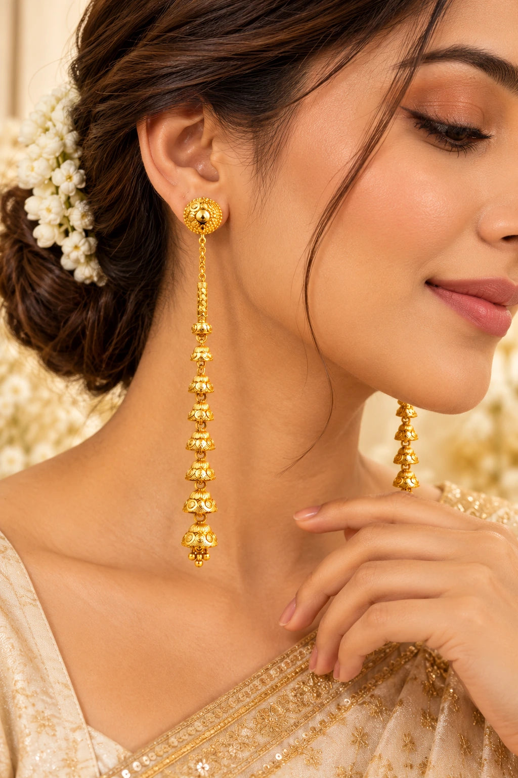 One Gram Gold-Plated Detachable Long Sui Dhaga Jhumka Earrings for Women