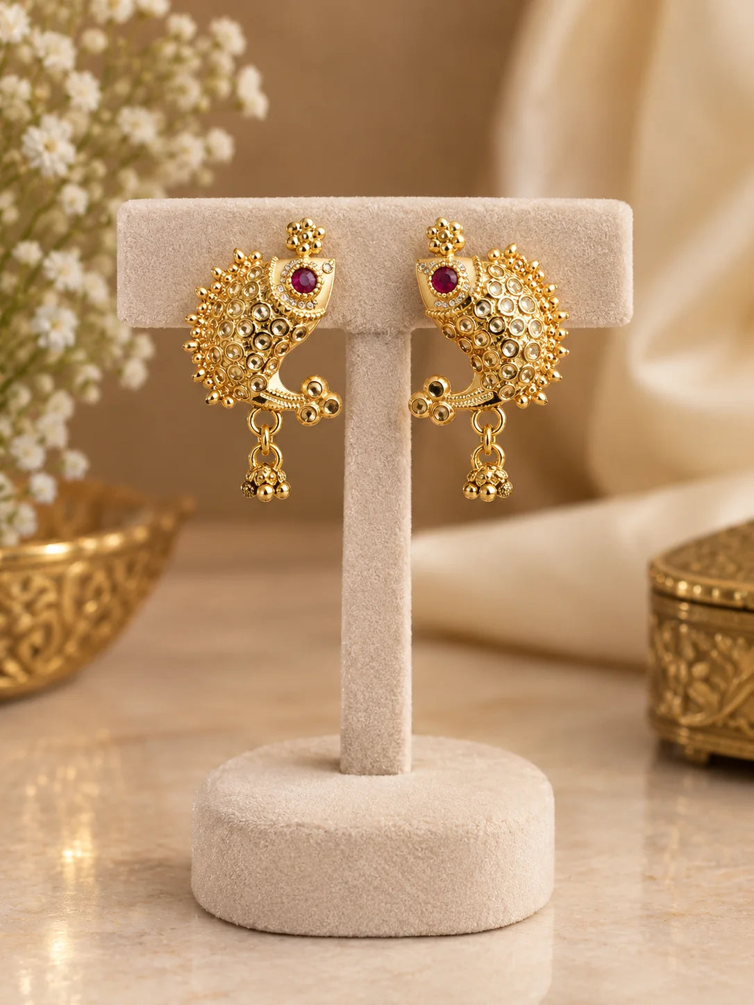 One Gram Gold-Plated Fish Design Earrings with Magenta Stone