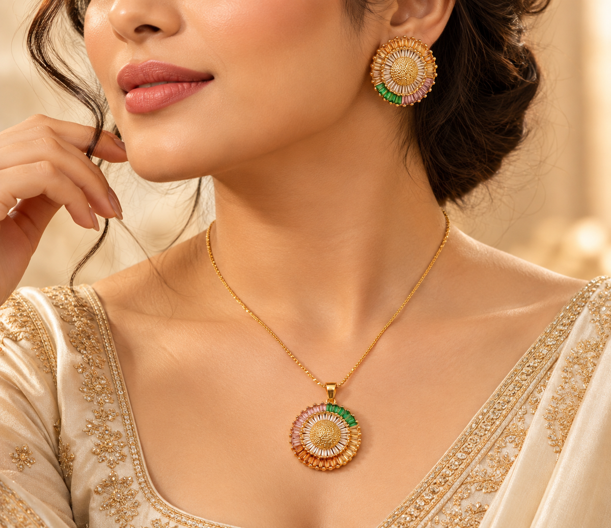 Multicolor Sunburst Spectrum Gold Finish Pendant Set with Earrings