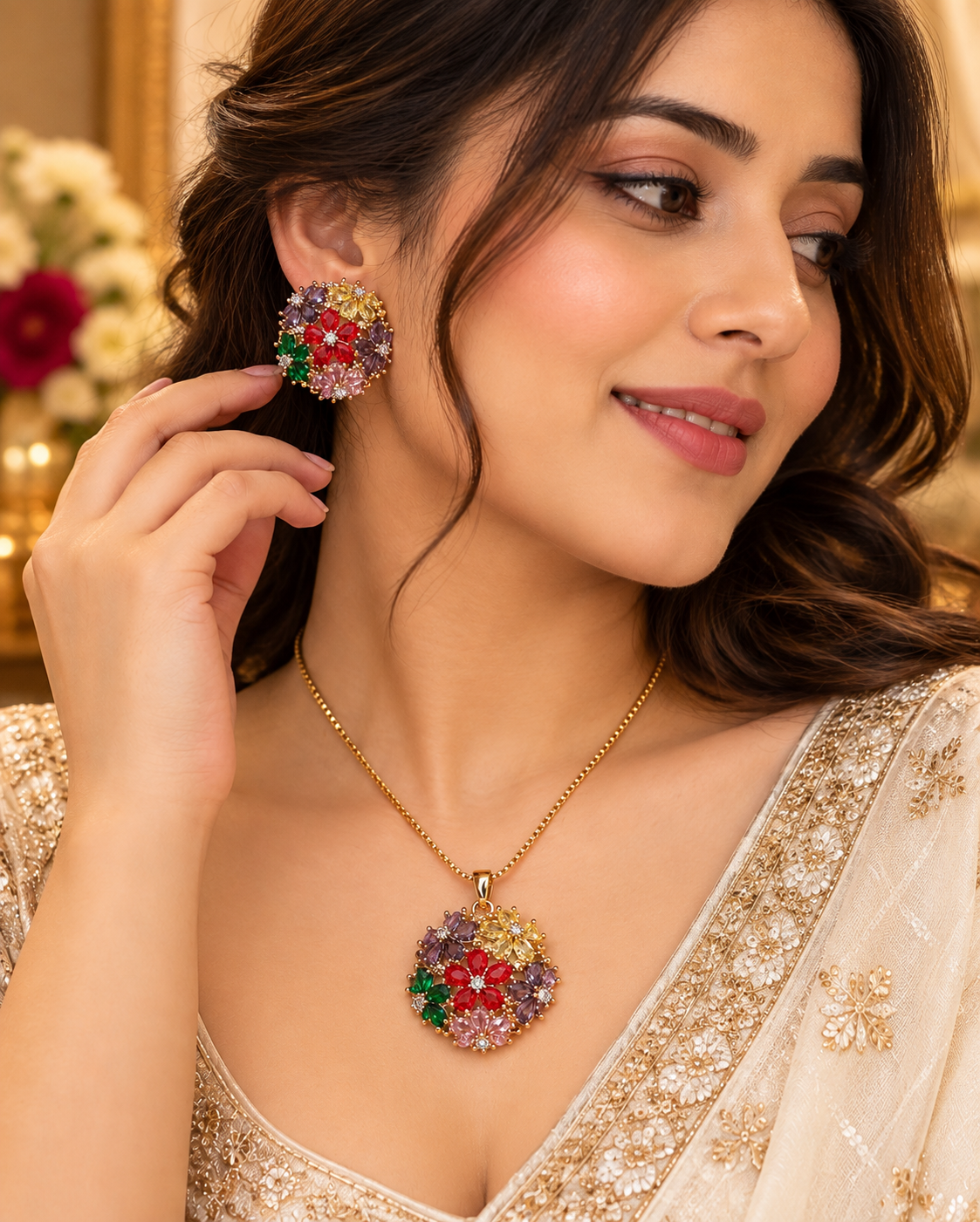 Multicolour Floral Gold-Tone Pendant Set with Stud Earrings