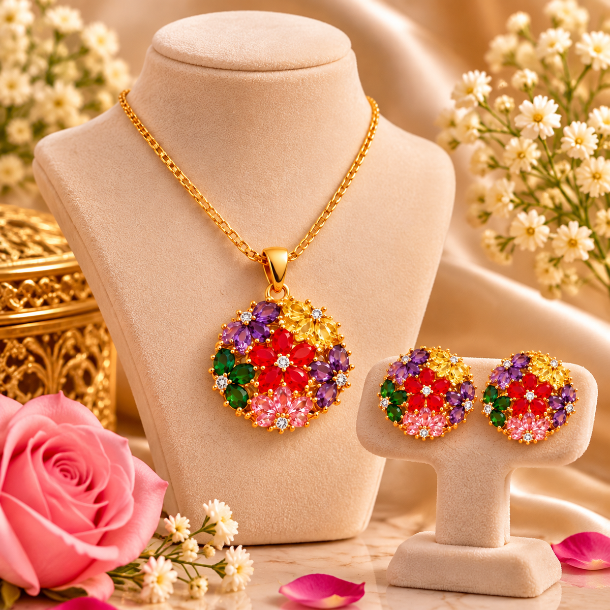 Multicolour Floral Gold-Tone Pendant Set with Stud Earrings