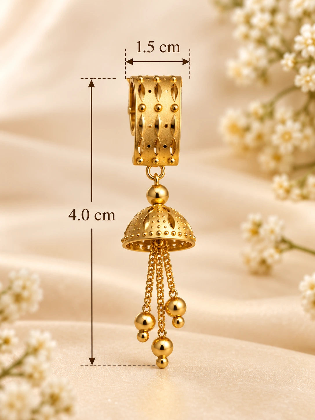 One Gram Gold-Plated Traditional Jhumka Earrings with Dangling Bead Chains