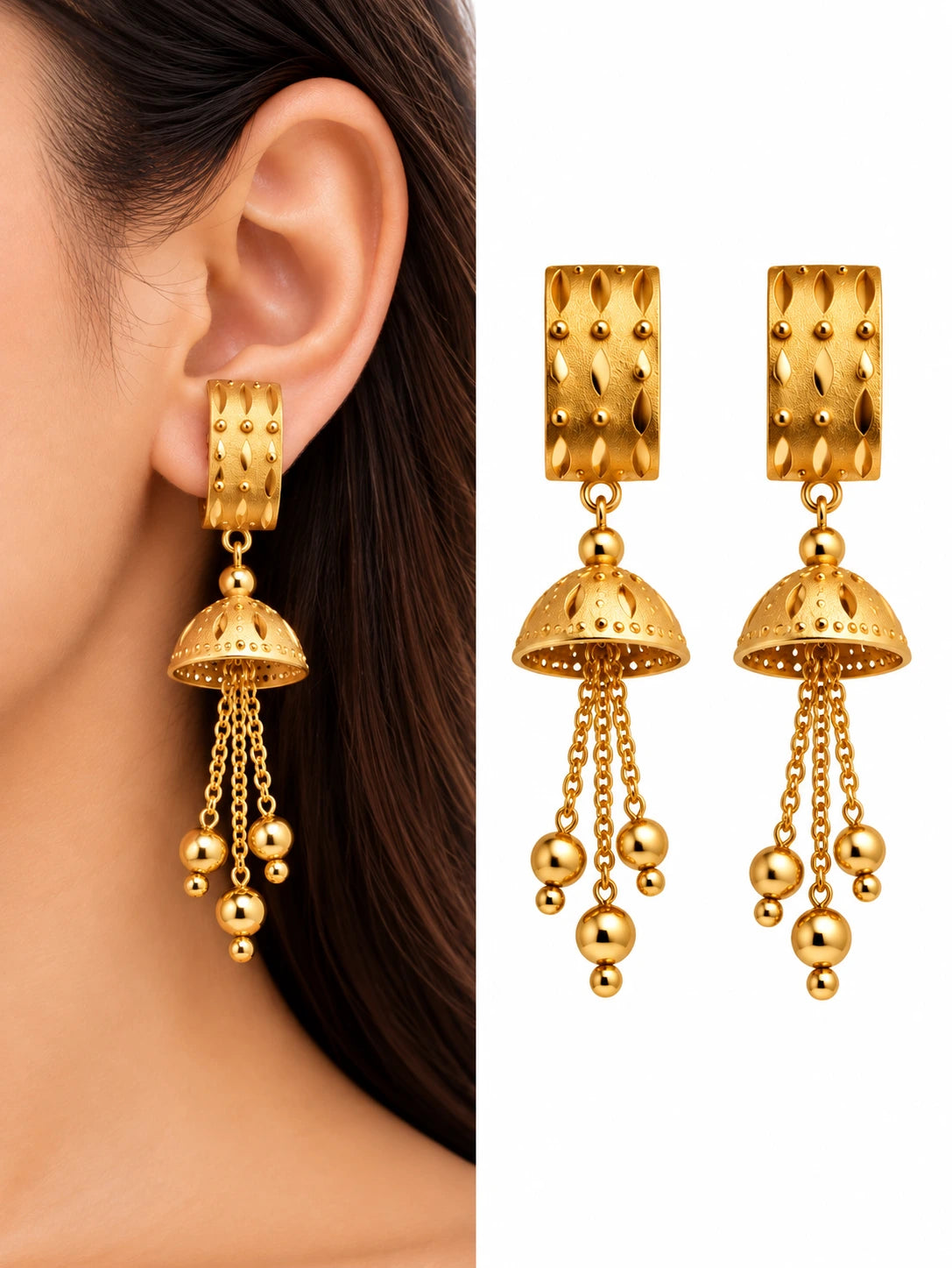 One Gram Gold-Plated Traditional Jhumka Earrings with Dangling Bead Chains