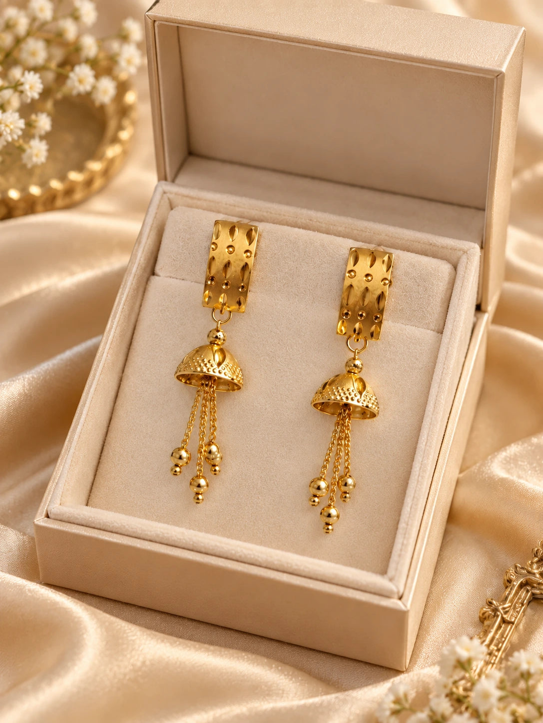 One Gram Gold-Plated Traditional Jhumka Earrings with Dangling Bead Chains