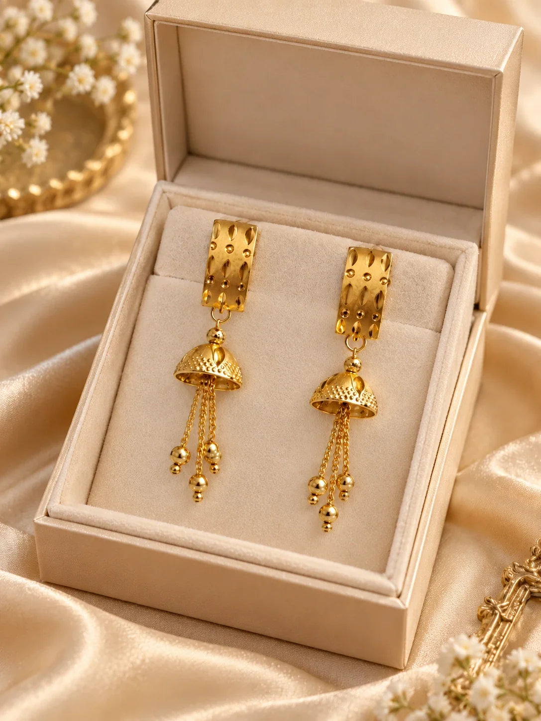Pair of jhumka earrings in a cream jewellery box
