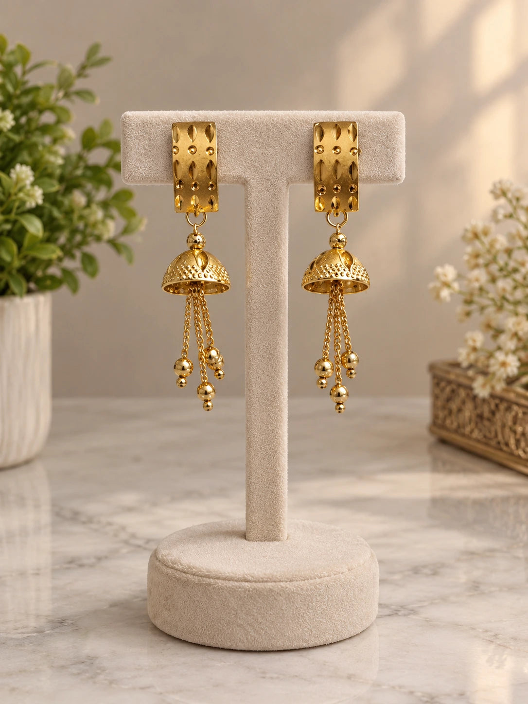 One Gram Gold-Plated Traditional Jhumka Earrings with Dangling Bead Chains