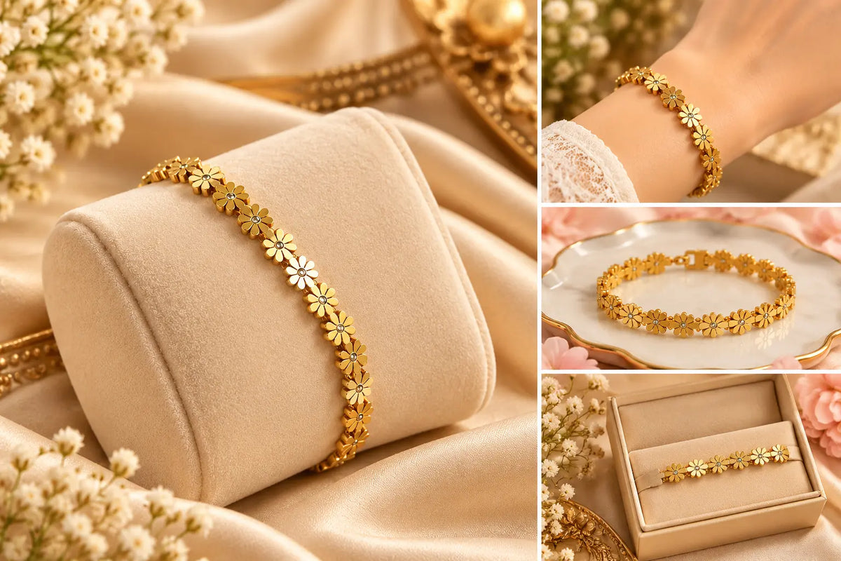 Daisy bracelet shown on a stand, on a plate and in a gift box