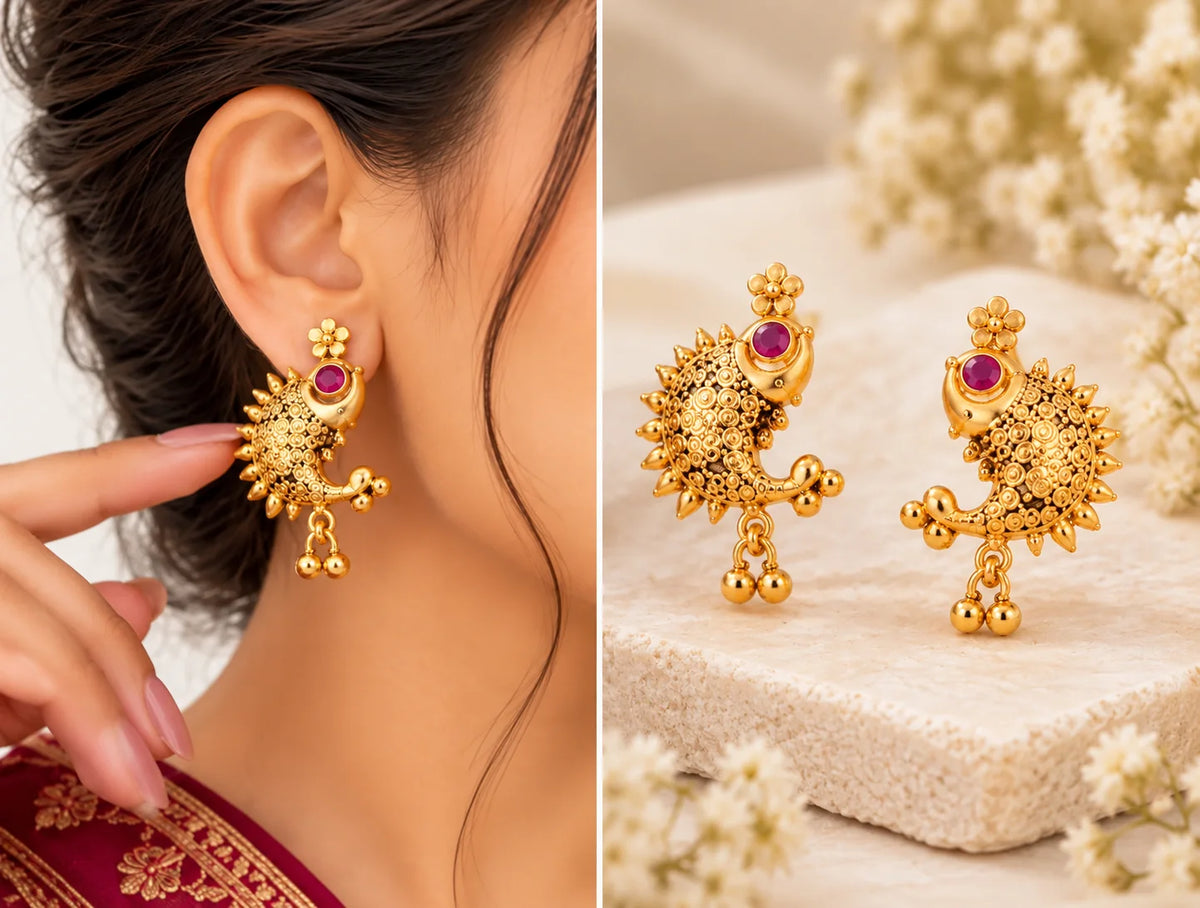 One Gram Gold-Plated Fish Design Earrings with Magenta Stone