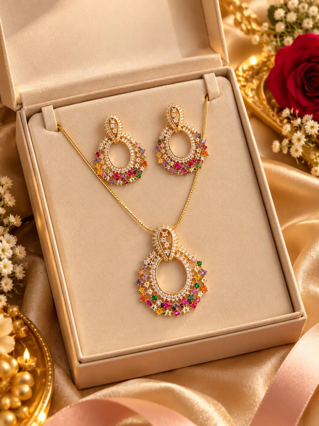 Rainbow Royale Multicolour Necklace Set with Earrings