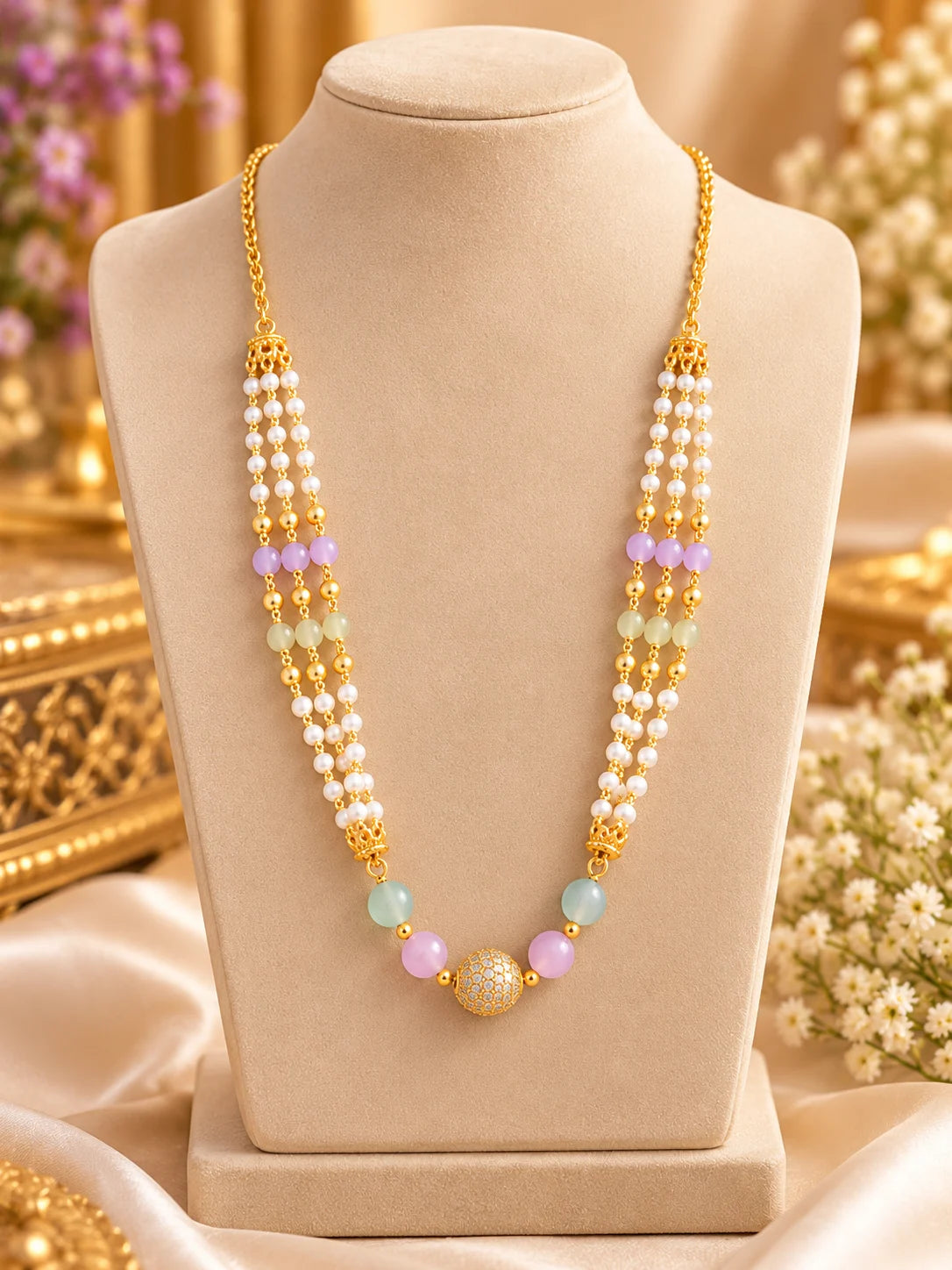Gold Plated Triple Layered  Pastel Pearl  Beaded  Necklace Chain for Women