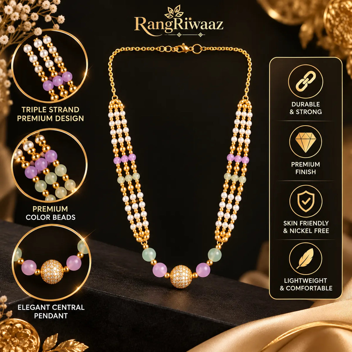 Gold Plated Triple Layered  Pastel Pearl  Beaded  Necklace Chain for Women