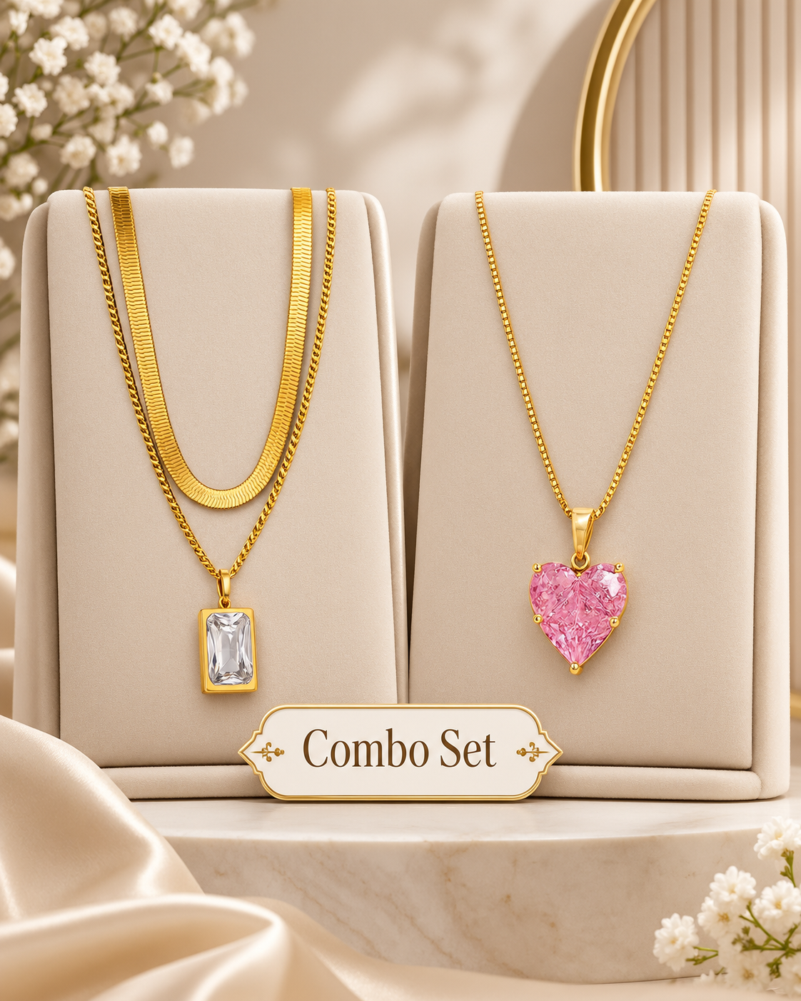 Statement Pair Combo: Layered Snake Chain Necklace & Pink CZ Heart