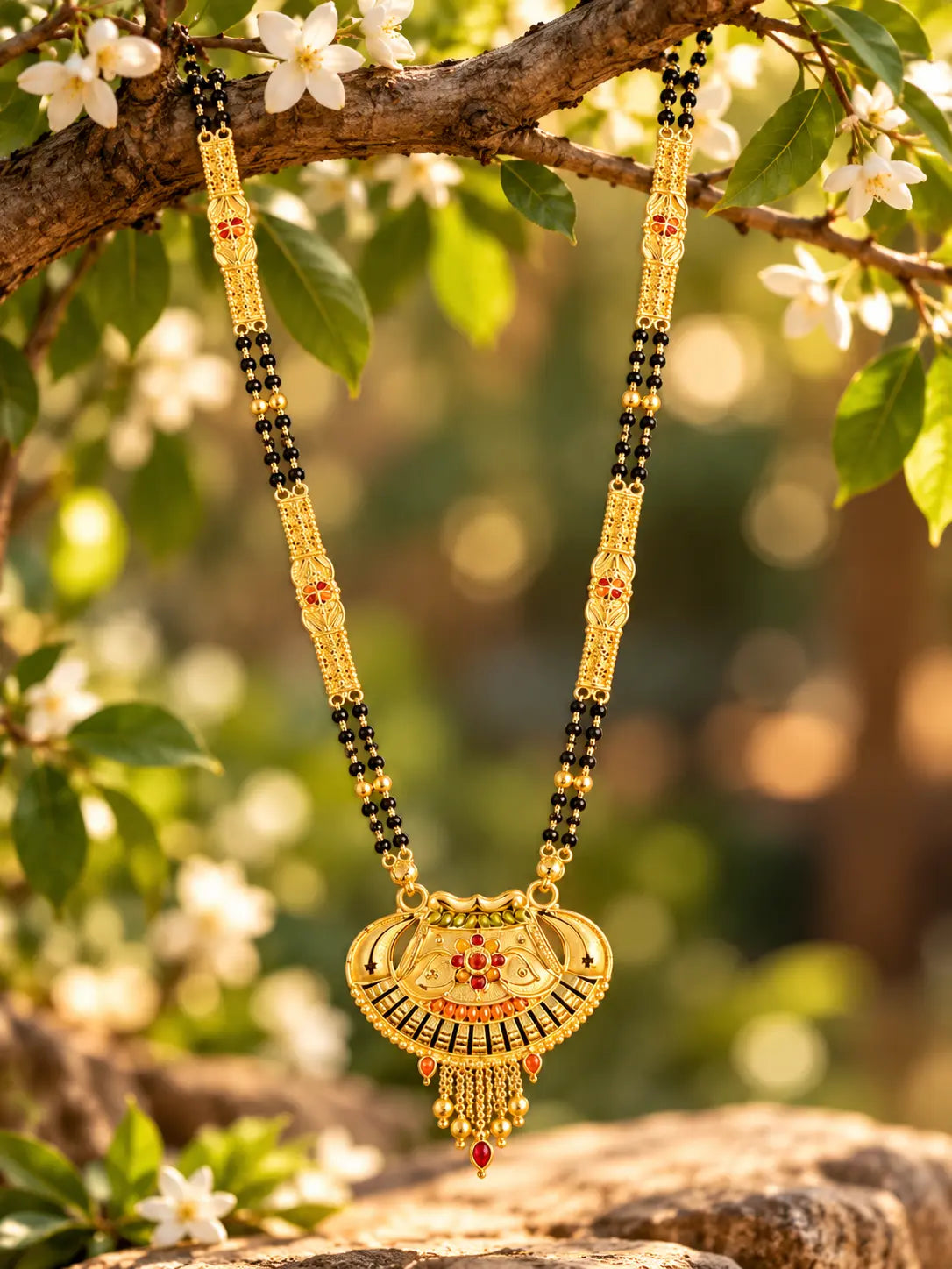 Traditional One Gram Gold Plated Long Mangalsutra with Black Beads and Designer Pendant