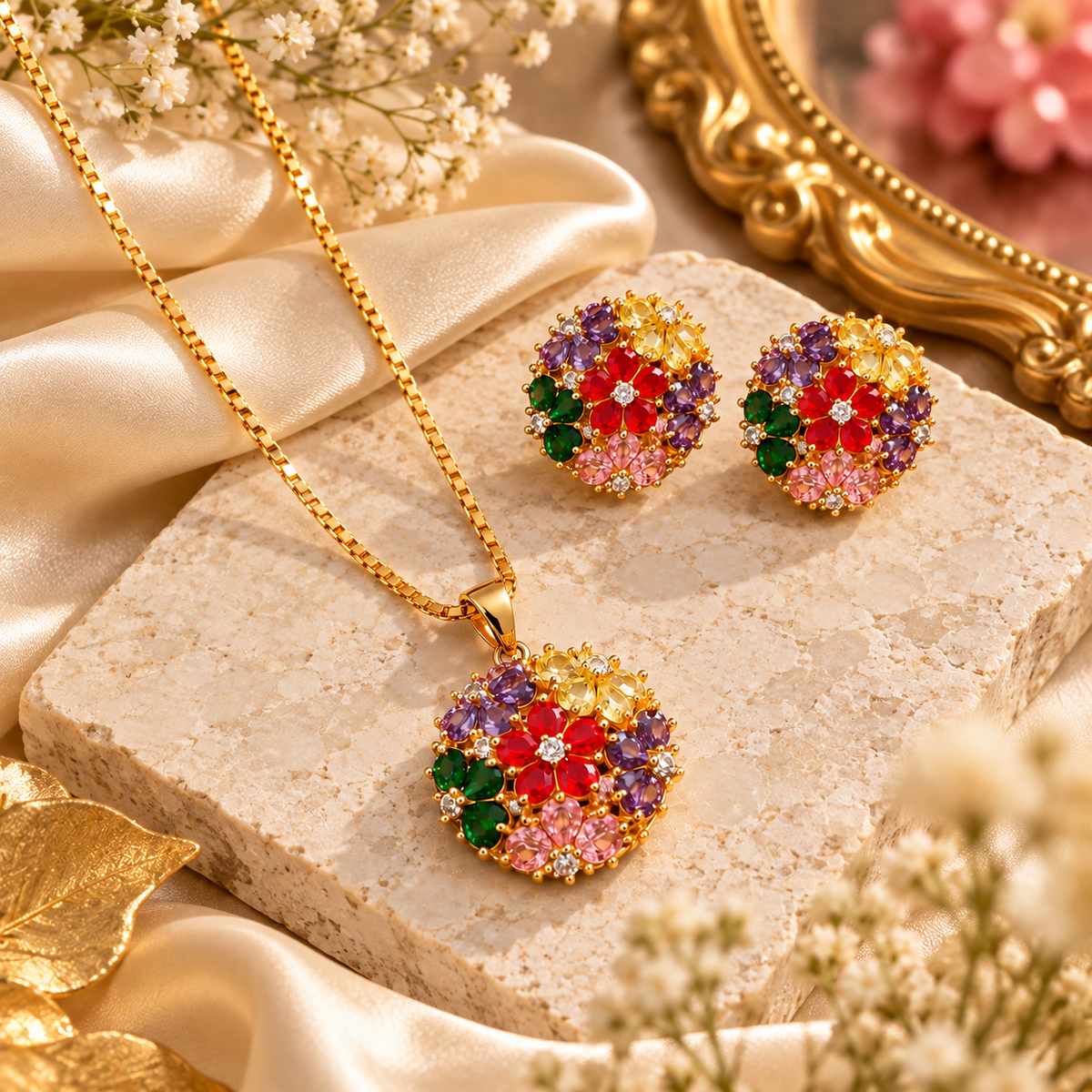 Multicolour Floral Gold-Tone Pendant Set with Stud Earrings