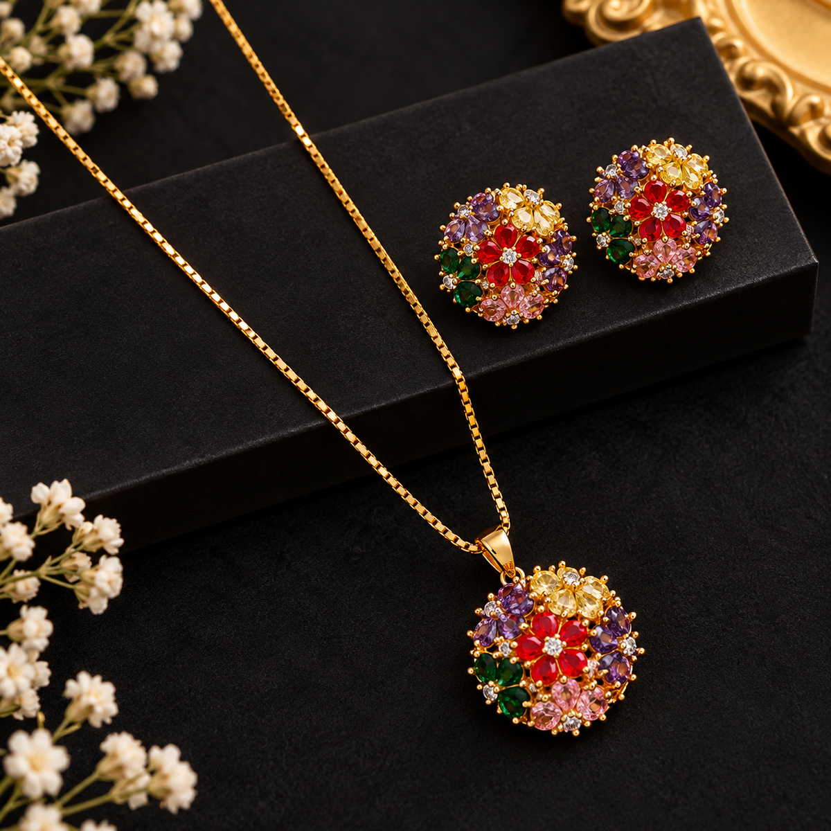 Multicolour Floral Gold-Tone Pendant Set with Stud Earrings