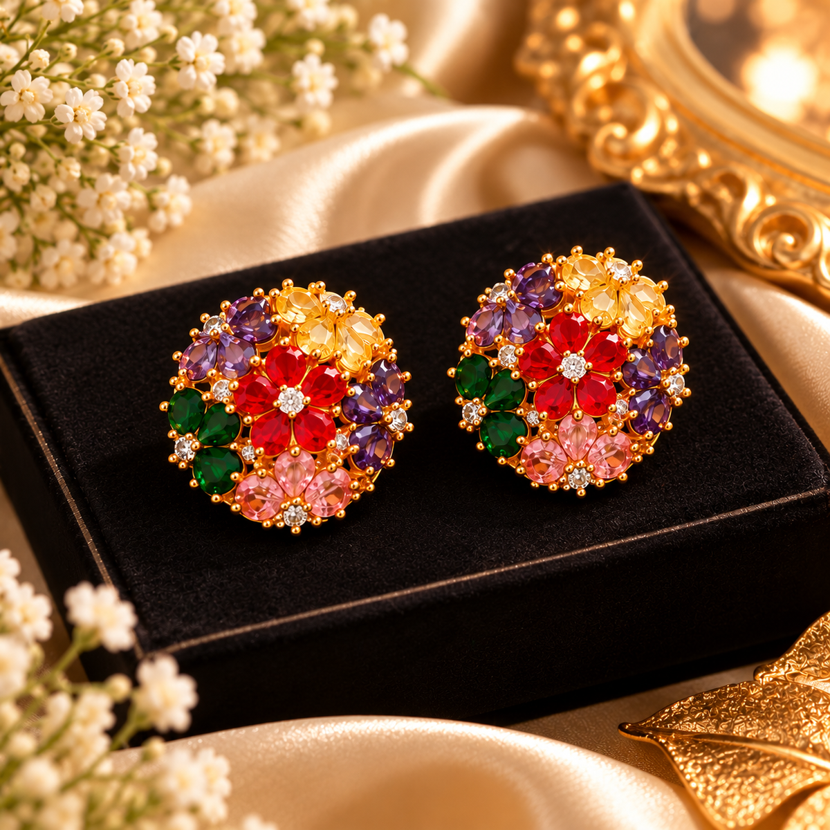 Multicolour Floral Gold-Tone Pendant Set with Stud Earrings