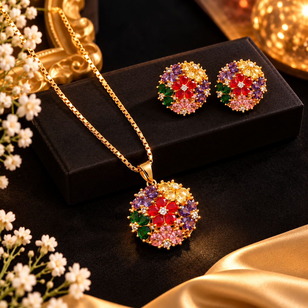 Multicolour Floral Gold-Tone Pendant Set with Stud Earrings