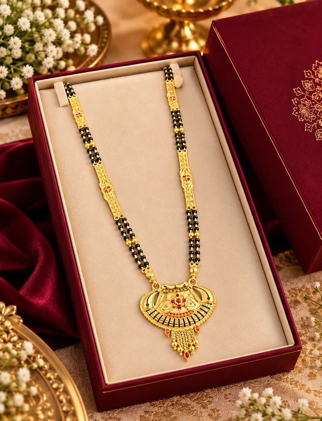 Traditional One Gram Gold Plated Long Mangalsutra with Black Beads and Designer Pendant