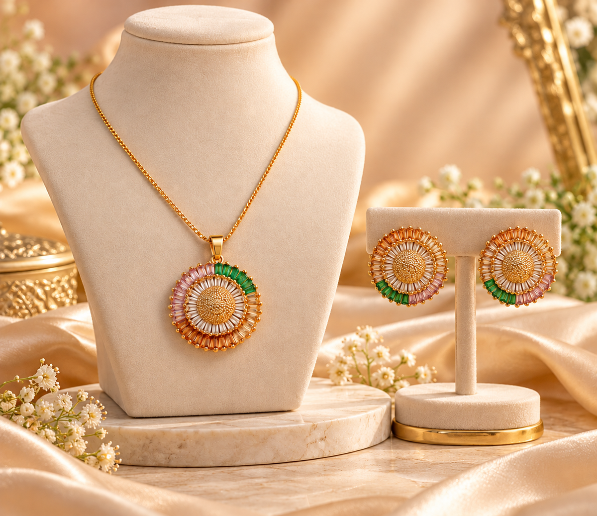 Multicolor Sunburst Spectrum Gold Finish Pendant Set with Earrings