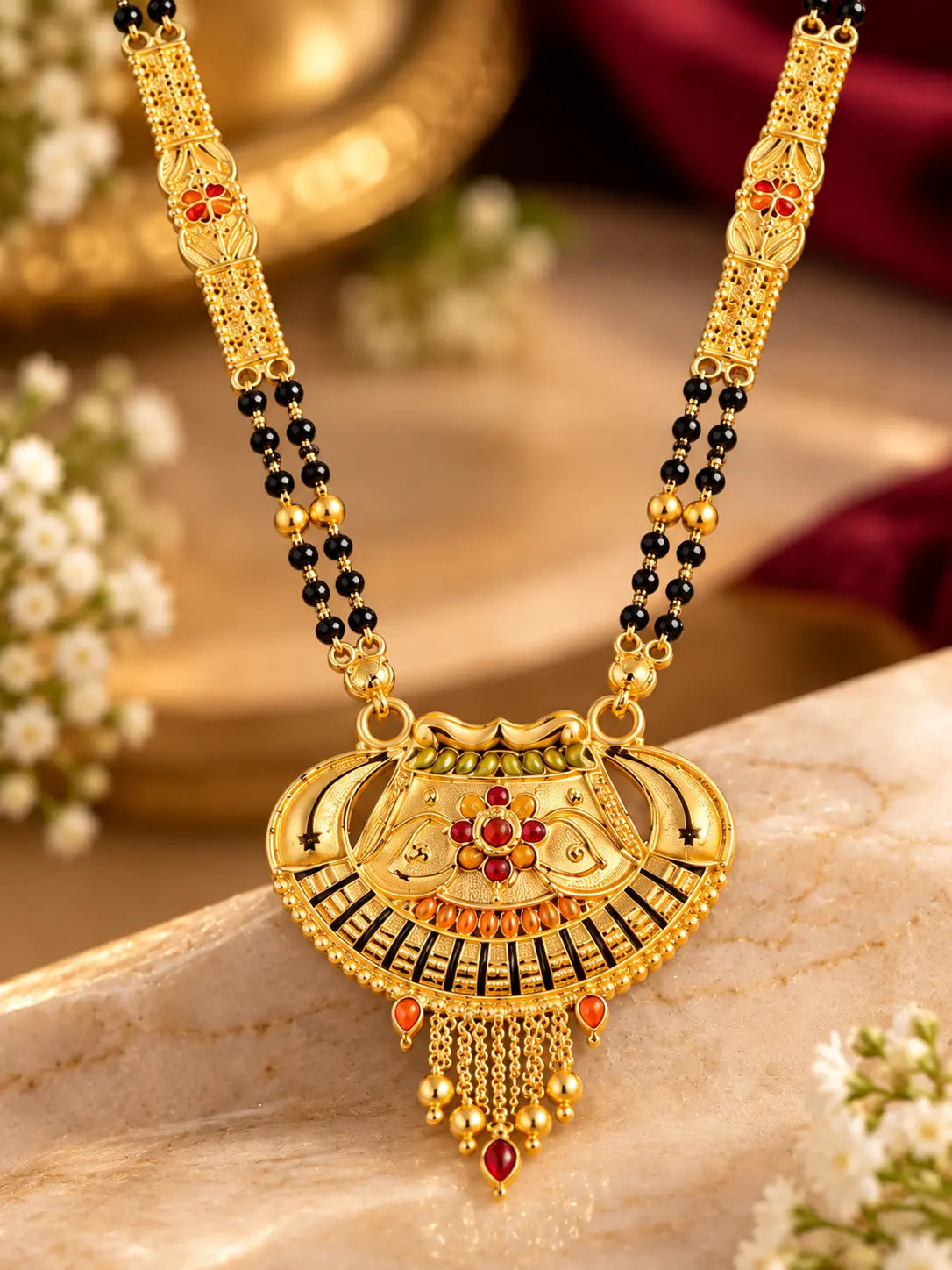 Traditional One Gram Gold Plated Long Mangalsutra with Black Beads and Designer Pendant