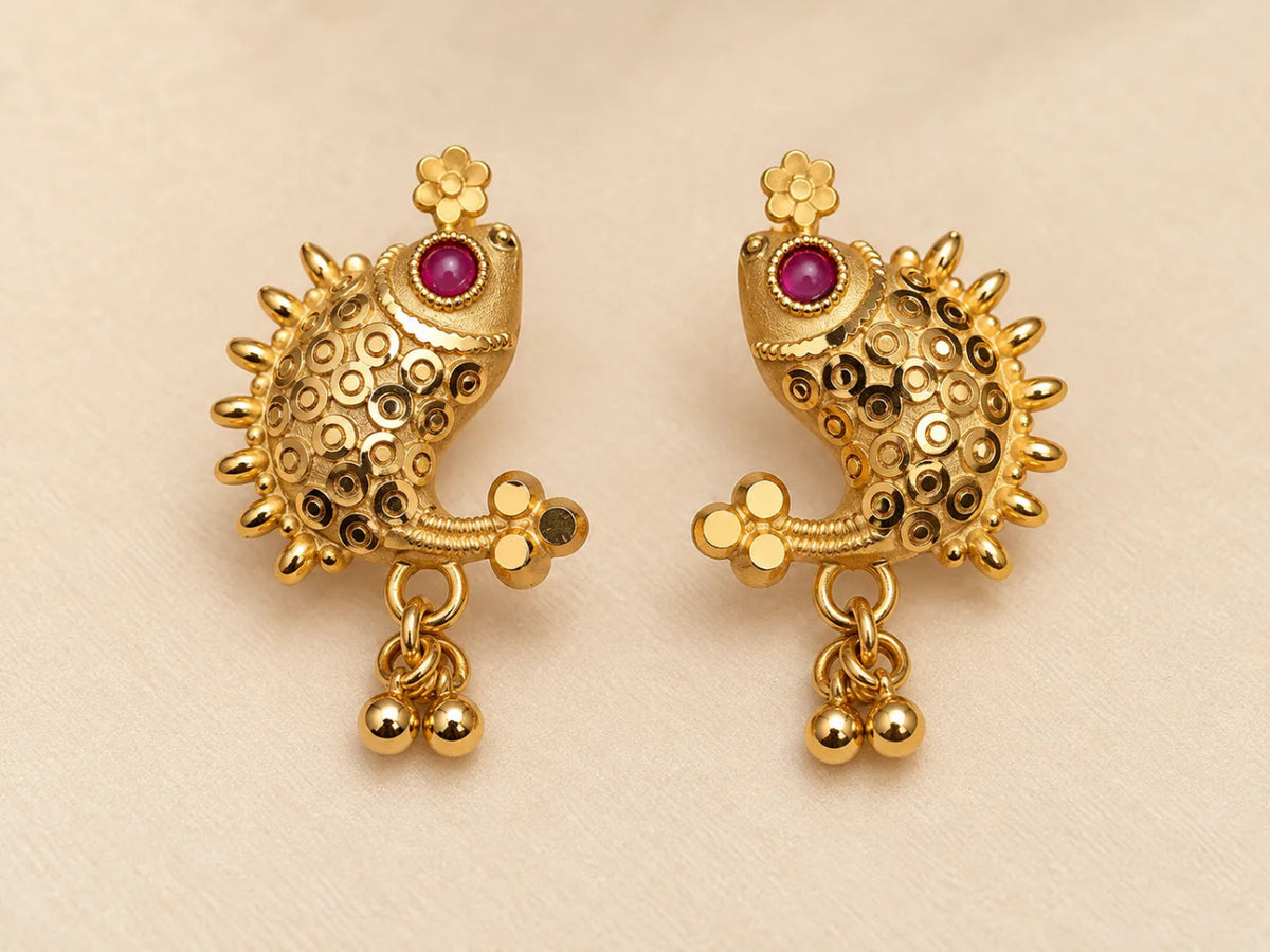 One Gram Gold-Plated Fish Design Earrings with Magenta Stone