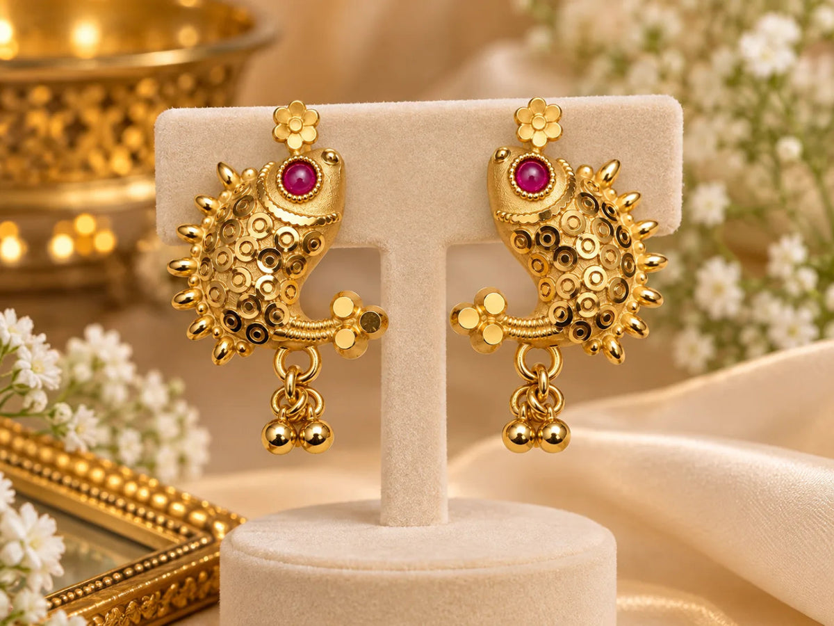 One Gram Gold-Plated Fish Design Earrings with Magenta Stone