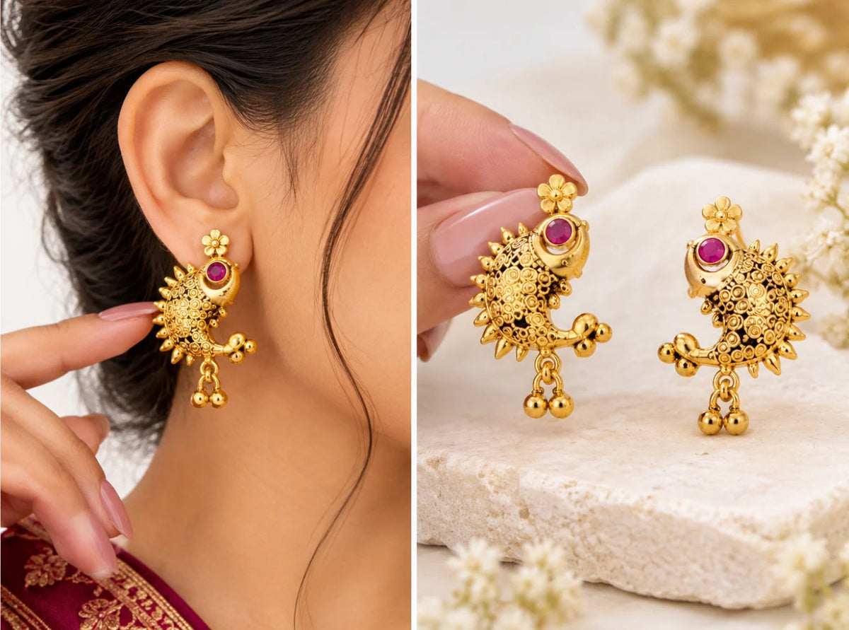 One Gram Gold-Plated Fish Design Earrings with Magenta Stone