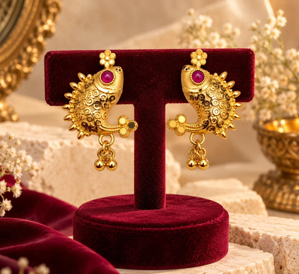 One Gram Gold-Plated Fish Design Earrings with Magenta Stone