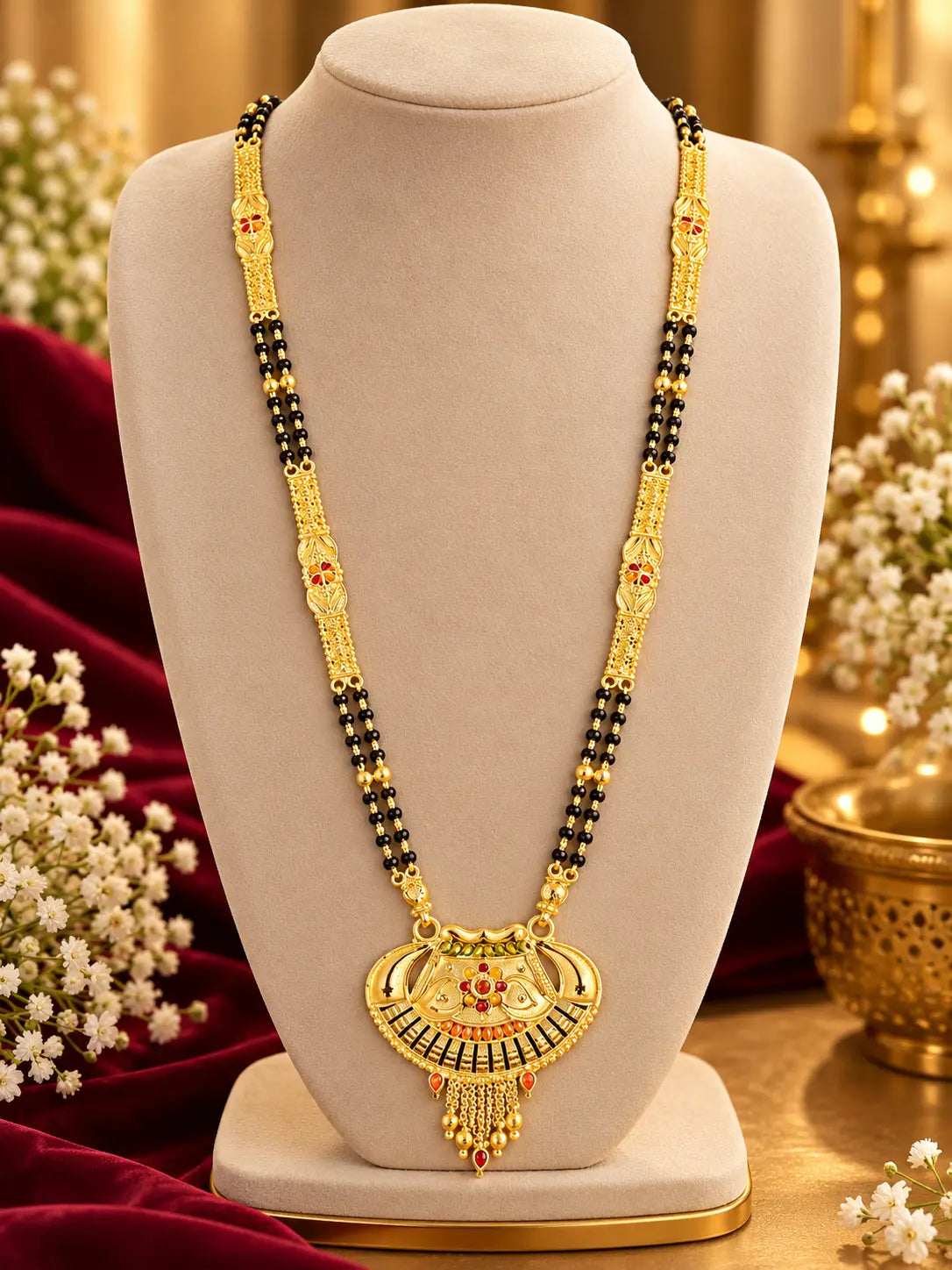 Long mangalsutra with fan-shaped pendant on a cream bust beside red velvet