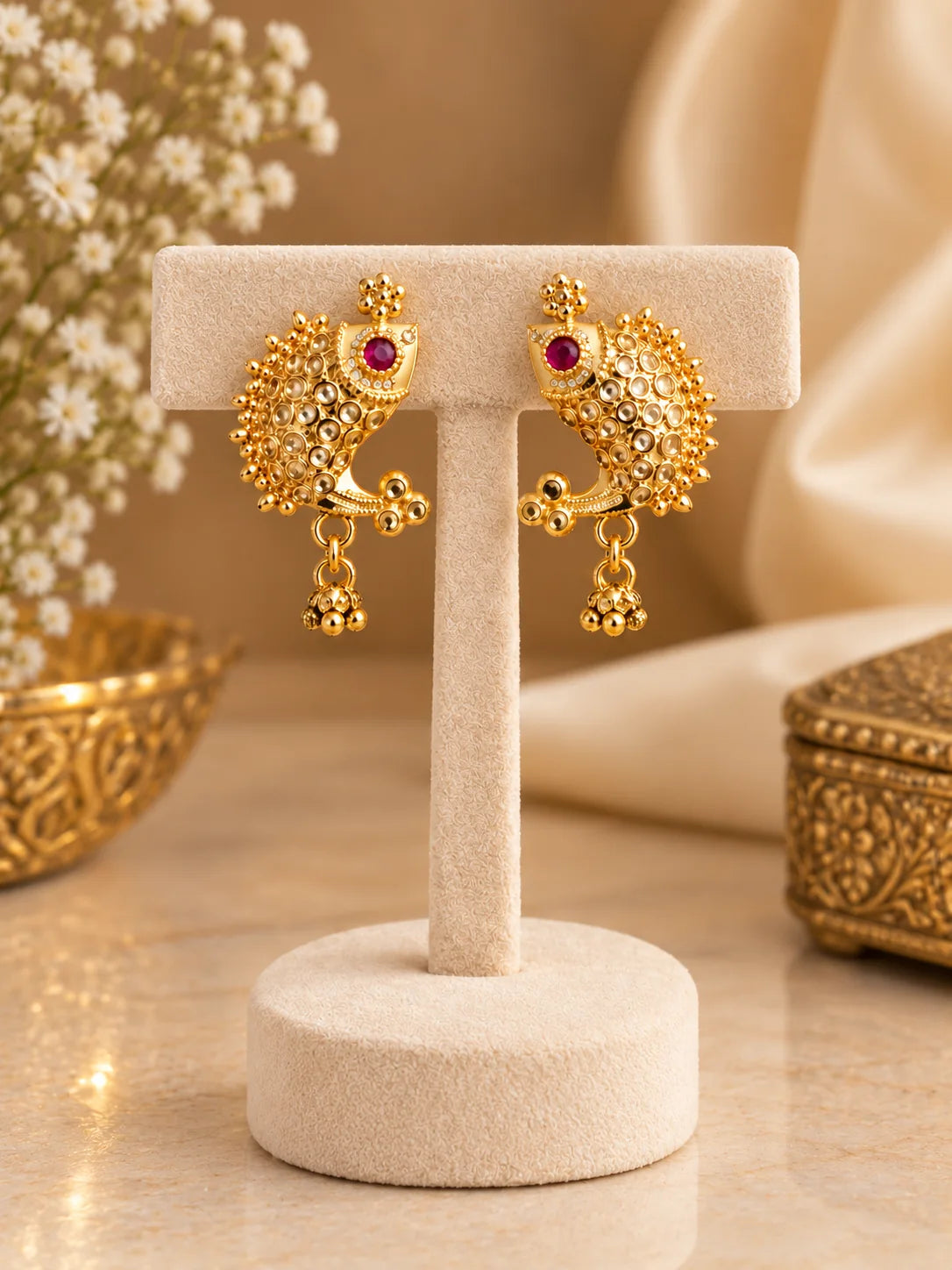 One Gram Gold-Plated Fish Design Earrings with Magenta Stone