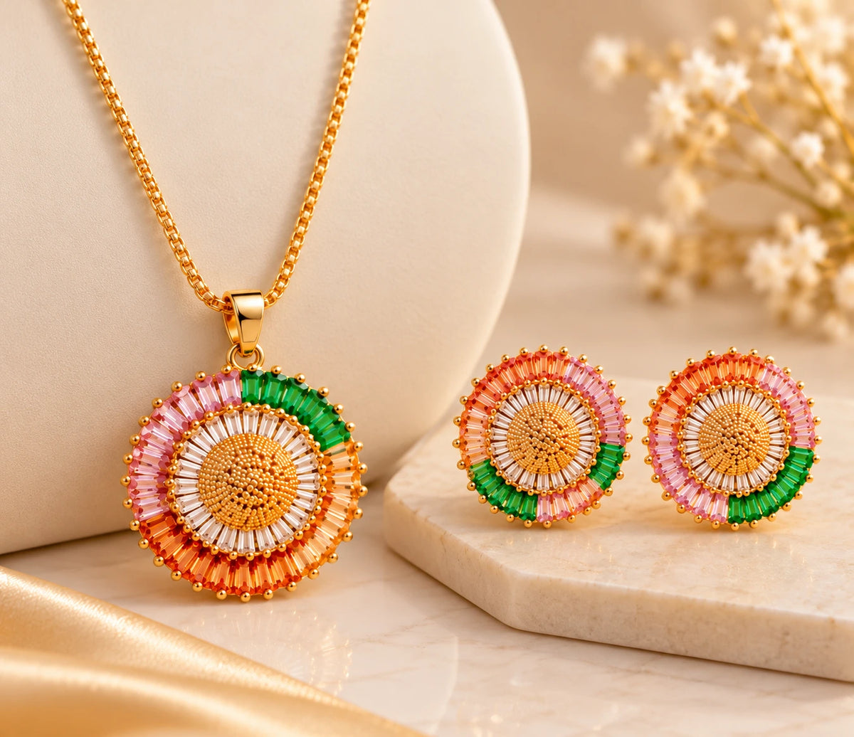 Multicolor Sunburst Spectrum Gold Finish Pendant Set with Earrings