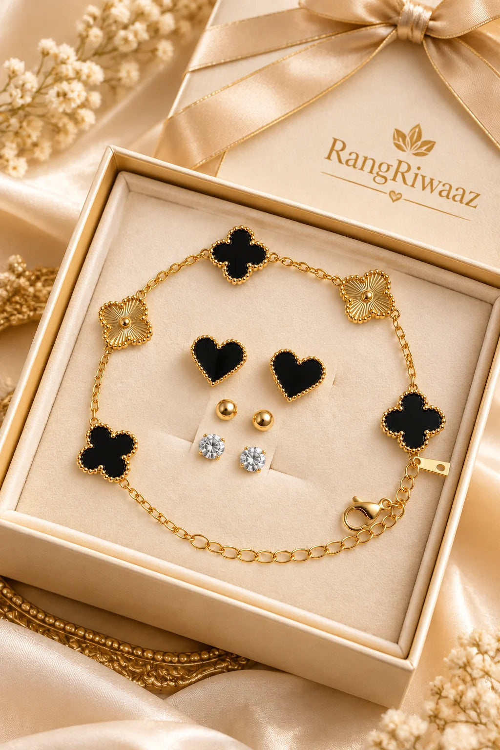 Anti-Tarnish Gold Plated Black & Gold Clover Charm Bracelet with Earrings