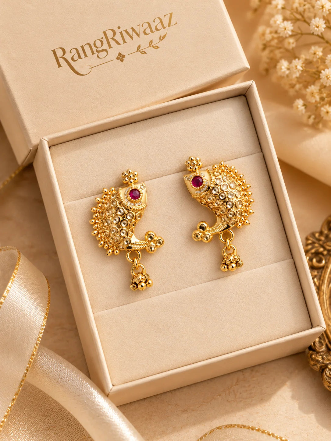 One Gram Gold-Plated Fish Design Earrings with Magenta Stone
