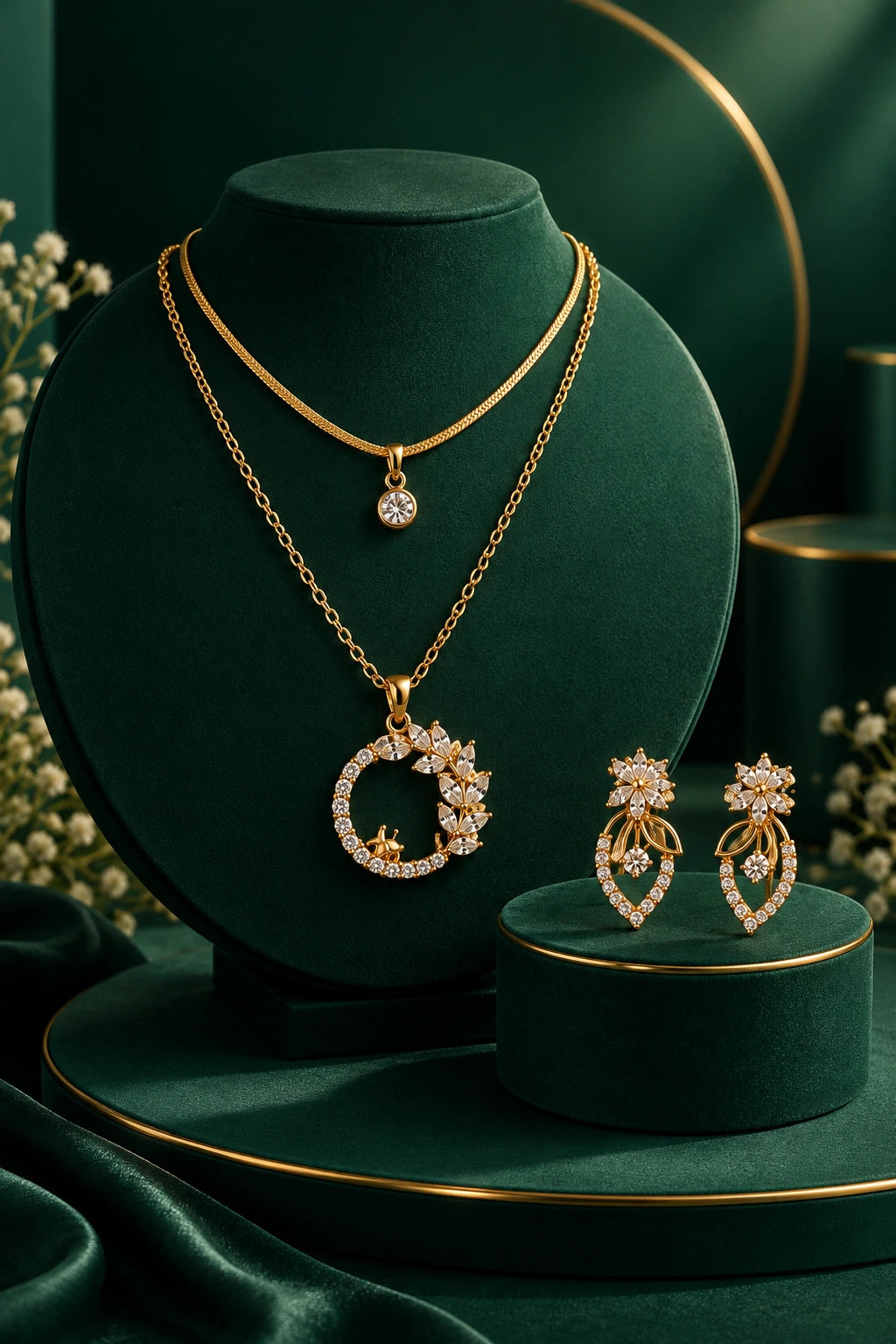 Anti-Tarnish gold-plated layered necklace and matching floral-leaf drop earring