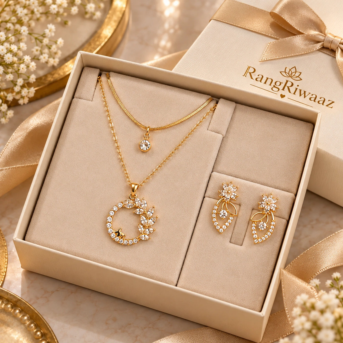 Anti-Tarnish gold-plated layered necklace and matching floral-leaf drop earring