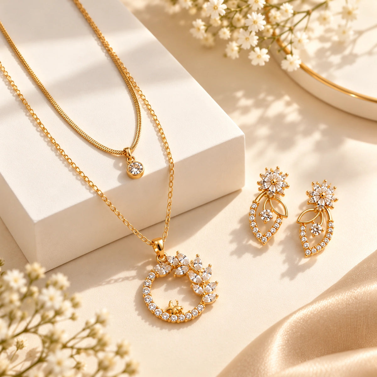 Anti-Tarnish gold-plated layered necklace and matching floral-leaf drop earring